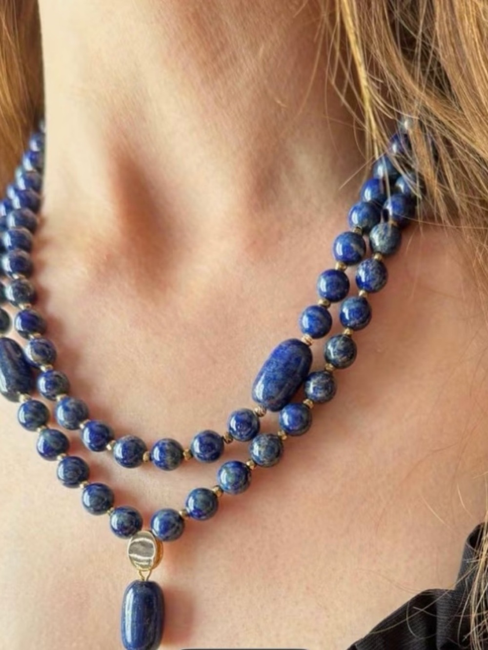 Lapis Blue Double-Strand Beaded Necklace with Pendant